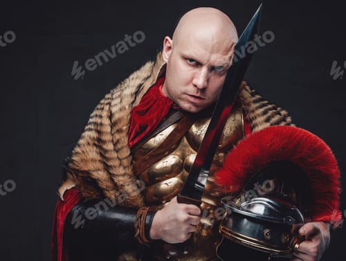 Preview: Fearful legionnaire with short sword and helmet