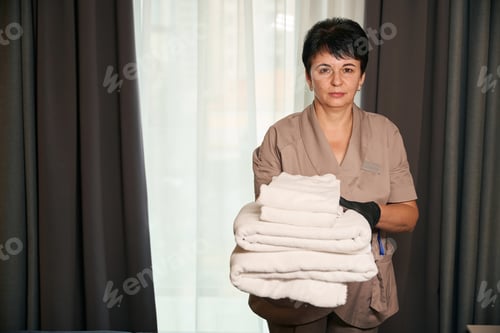Preview: Uniformed chambermaid is posing for camera in hotel suite at work
