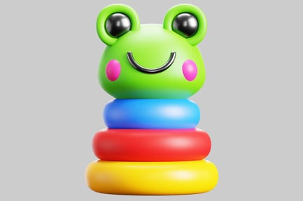 Aperçu: Jouet en forme de grenouille coloré avec une expression joyeuse.