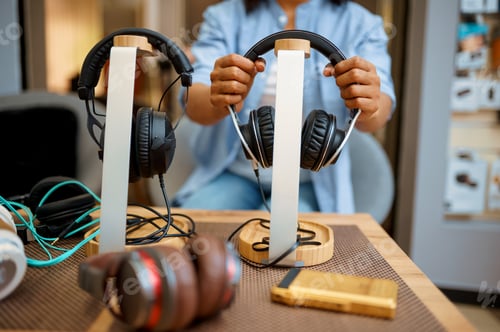 Preview: Woman takes headphones in audio store, music fan