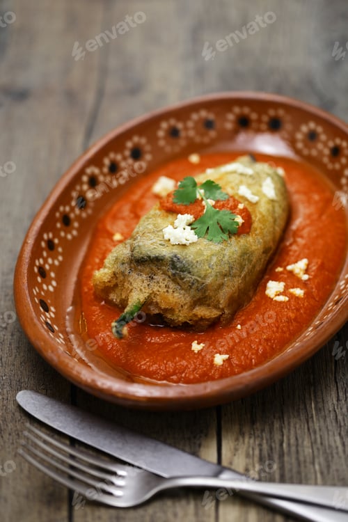 Preview: Mexican chile relleno (fried poblano pepper stuffed with minced meat and coated with egg meringue)