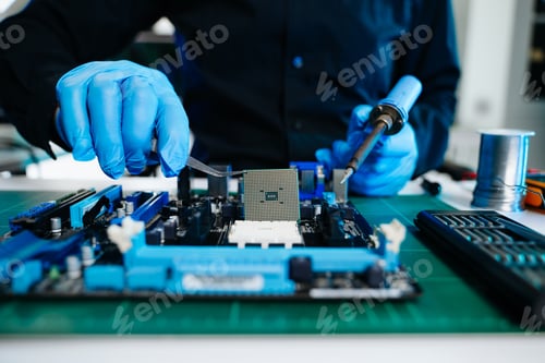 Preview: The technician is putting the CPU on the socket of the computer motherboard.