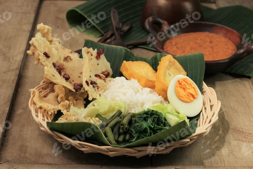 Preview: Nasi Pecel. Traditional Javanese Rice Dish Steamed Rice with Vegetable Salad, Peanut Sauce Dressing