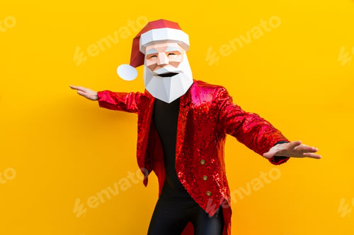 Preview: Man with funny low poly mask on colored background