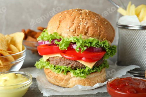 Preview: Tasty fast food on gray textured table