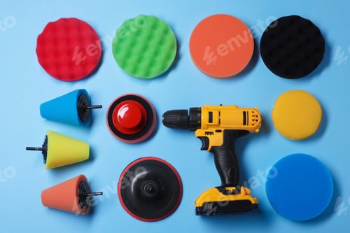Preview: Electric screwdriver with different polish pads on light blue background, flat lay