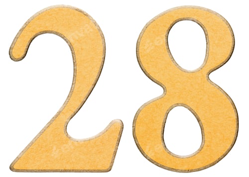 Preview: 28, twenty eight, numeral of wood combined with yellow insert, isolated on white background