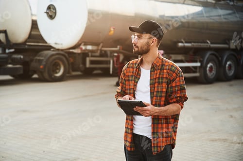 Preview: Sunny day, standing against fuel tanker. Young truck driver in casual clothes