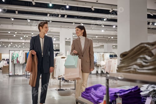 Preview: Happy young woman friends enjoying shopping together in big fashion shop mall
