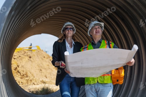Preview: Two construction professionals in safety gear stand inside a large drainage pipe