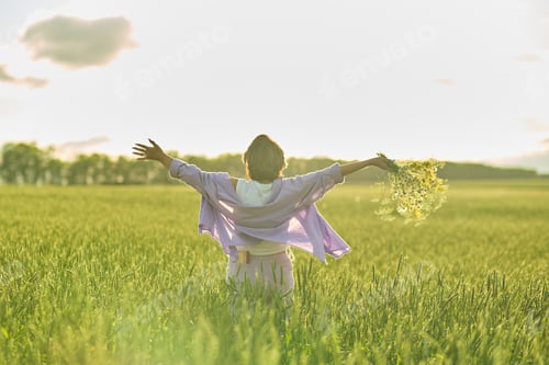 Preview: Elderly woman in stylish clothing relaxing in a lush meadow, embodying the fulfilling experiences
