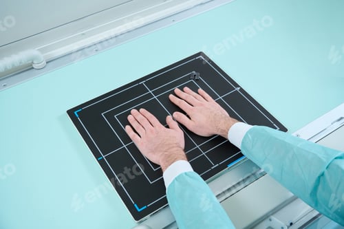 Preview: Top view of man putting two hands at the special place during the radiotherapy