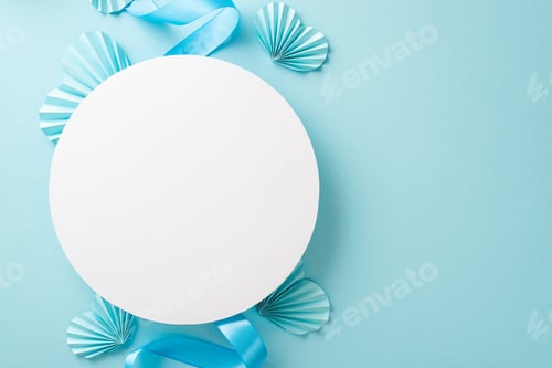Preview: Top view photo of white empty circle with a pastel blue ribbon and origami paper hearts