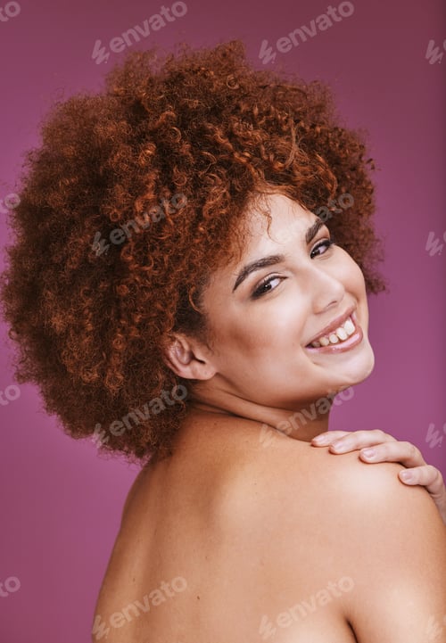 Preview: Happy woman, shoulder and afro hairstyle portrait in empowerment, curly maintenance or skincare sal