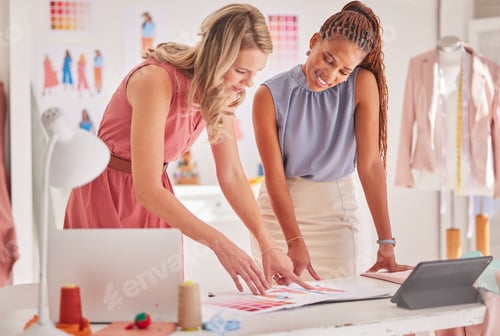 Preview: Business people, fashion and design in team strategy, planning or decision on office table at works