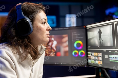 Preview: Video editor adds sound effects to filmed footage, close up