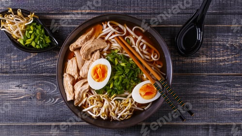 Delicious Ramen Noodle Soup Bowl on Wooden Surface