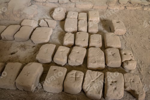 Preview: Ancient carved bricks used for construction at Huaca de la Luna archaeological site - Trujillo, Peru