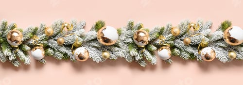 Preview: Christmas banner with white baubles in row on snowy evergreen branches.