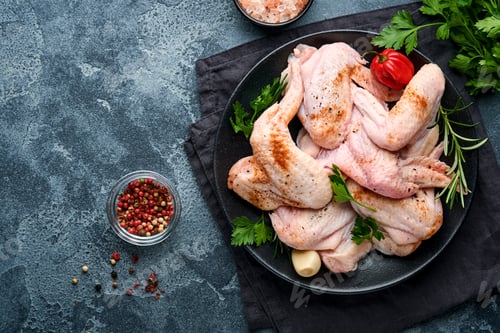 Preview: Raw chicken wings in metal pan or bowl with spices and ingredients for cooking on dark grey slate, s