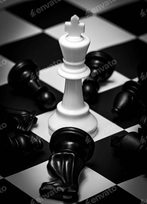 Preview: Chess king left standing on the board while the other pieces around are down
