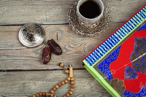 Preview: Table top view aerial image of decoration Ramadan Kareem holiday background.Flat lay