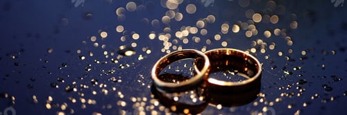 Preview: Banner two gold wedding rings lie on a dark wet surface