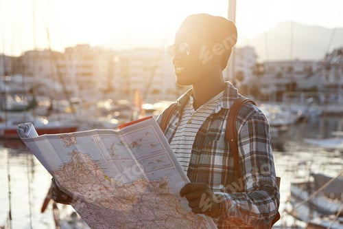 Preview: People, modern lifestyle, travel and adventure concept. Handsome African male tourist dressed in sty
