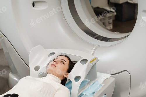 Preview: Brain CT scan of female patient. Woman undergoing computed tomography tumor assessment