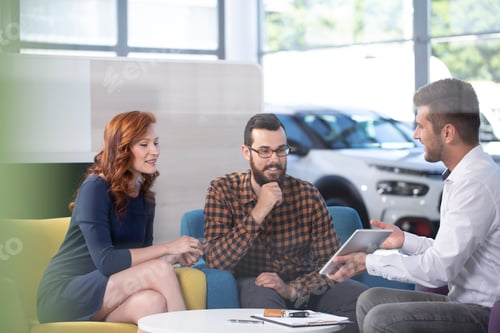 Preview: Car dealer showing an offer to his happy clients in a car showro