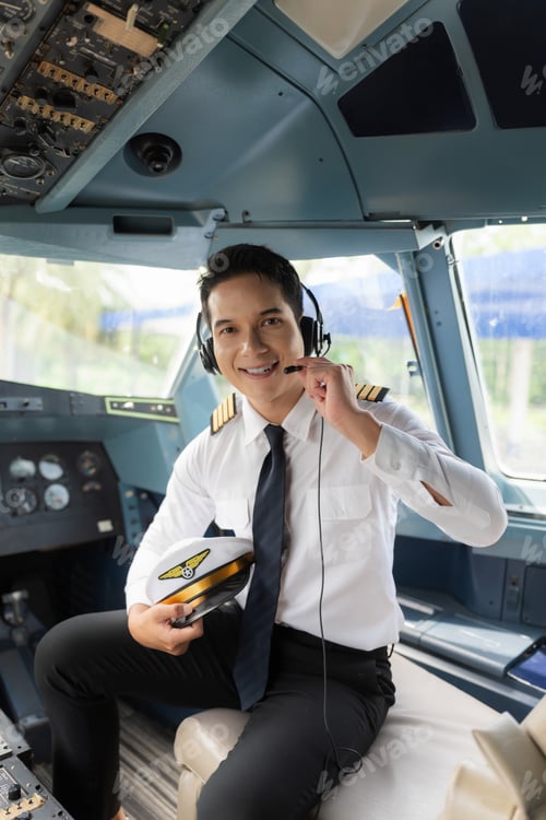 Preview: Portrait of a trained airplane captain in uniform preparing to fly in a simulator cockpit.