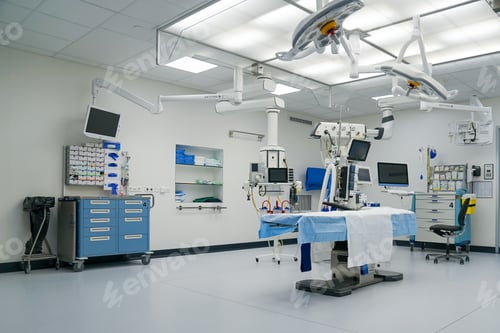 Preview: Establishing Shot of Technologically Advanced Operating Room with No People, Ready for Surgery. Real