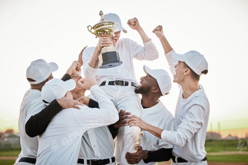 Preview: Baseball player, trophy and men winning competition, game or sports goals, success and victory awar