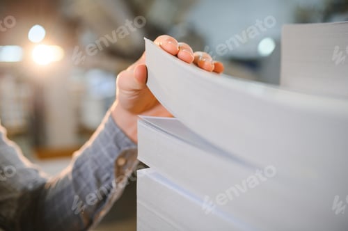 Preview: Man working in printing house with paper and paints