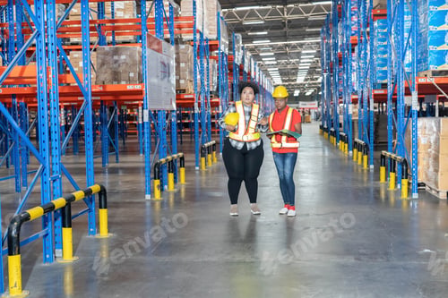 Preview: Diverse worker in warehouse hold check sheet looking storage scan location to keep and collect boxes