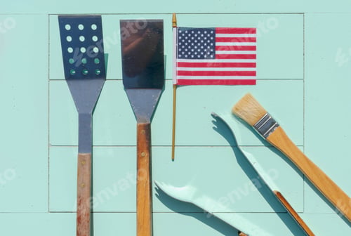 Preview: Barbecue tools flat lay with an American flag