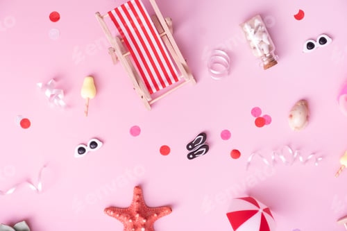 Preview: Accessories for beach holidays - deck chairs, umbrellas, ice cream top view. Beach party concept