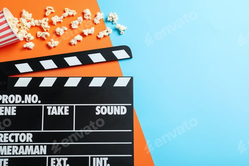 Preview: Clapper board and popcorn on color background, top view with space for text. Visiting cinema