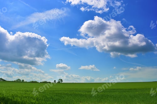 Preview: Beautiful blue sky over green farm field, a big, open landscape