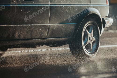 Preview: Black car driving on a wet road