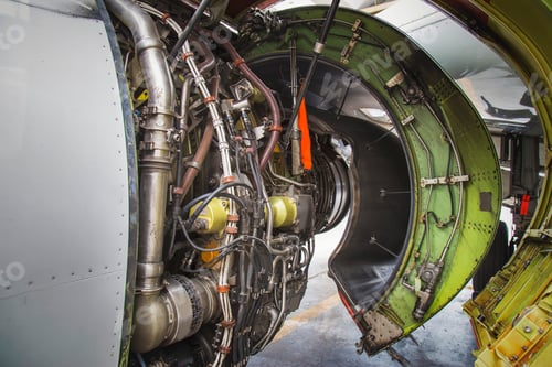 Preview: airplane engine side view close up, green filter applied