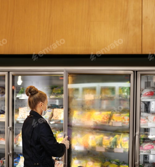 Preview: Supermarket Shopping, Face Mask And Gloves,Woman Choosing Frozen Food From A Supermarket Freezer