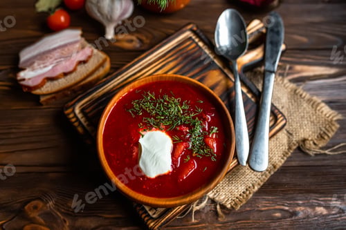 Preview: Plate with red borscht and sour cream. Lard sandwich. Ukrainian national dish