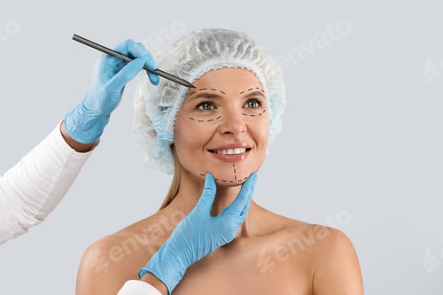 Preview: Portrait of middle aged beautiful female wearing medical cap
