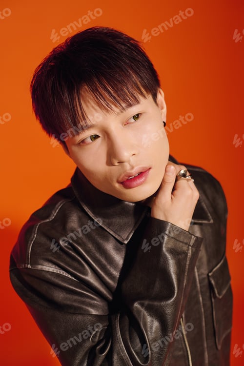 Preview: Stylish young man poses confidently against a vibrant orange background during a photo shoot