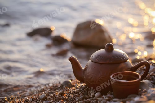 Preview: A Teapot And Mugs With Tea Stand On The Beach Near The Sea