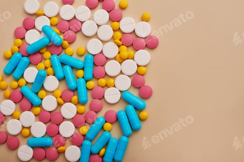 Preview: Assorted pharmaceutical medicine pills, tablets and capsules on beige background