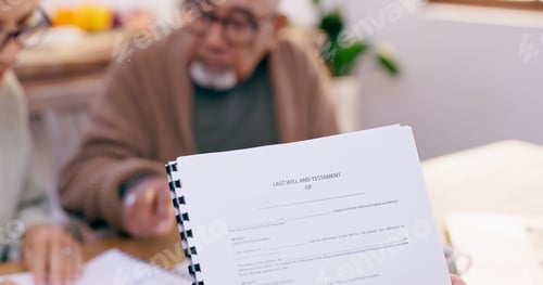 Preview: Will, paperwork and contract with consultation and life insurance information for senior couple. Te