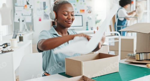 Preview: Startup, shop and entrepreneur packing a box for an order of products for shipment or delivery. Bla
