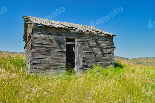 Preview: Old wooden barn in the middle of a field under a bright sky
